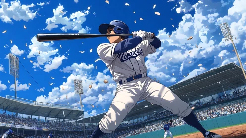 Kinetic low-angle anime baseball batter under dynamic cloudfield.