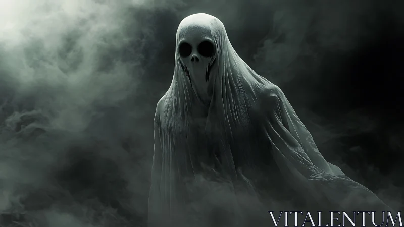 Ghostly shrouded specter emerges from swirling dark mist.