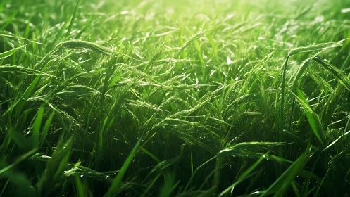 Sunlit dewy meadow grass with shallow depth of field detail.