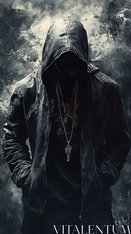 Hooded figure in dark leather jacket against smoky backdrop.