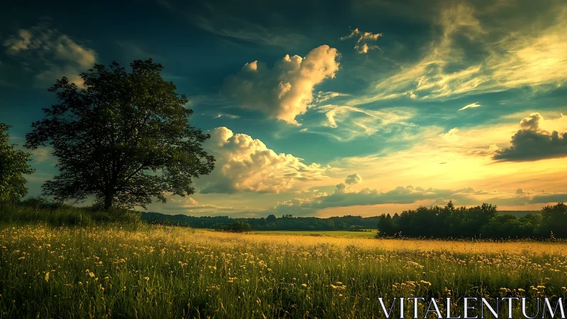 Golden meadow sighs beneath a storm-kissed evening sky.