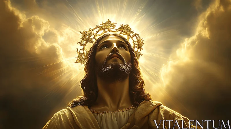 Religious figure with radiant crown against clouded sky.