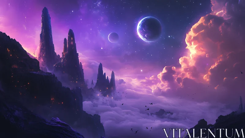 Nebula tides cradle spire-lit cliffs beneath twin moons