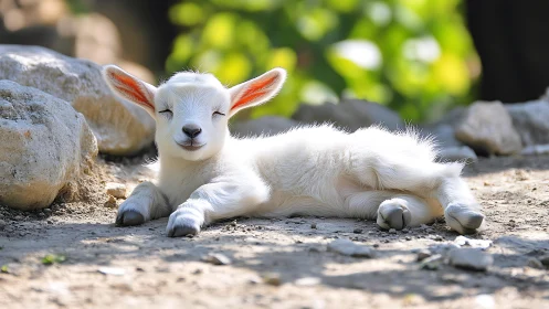 Young white goat rests in warm sunlight on rocky ground