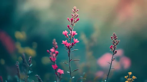 Pink flowering plants with selective depth in natural garden setting