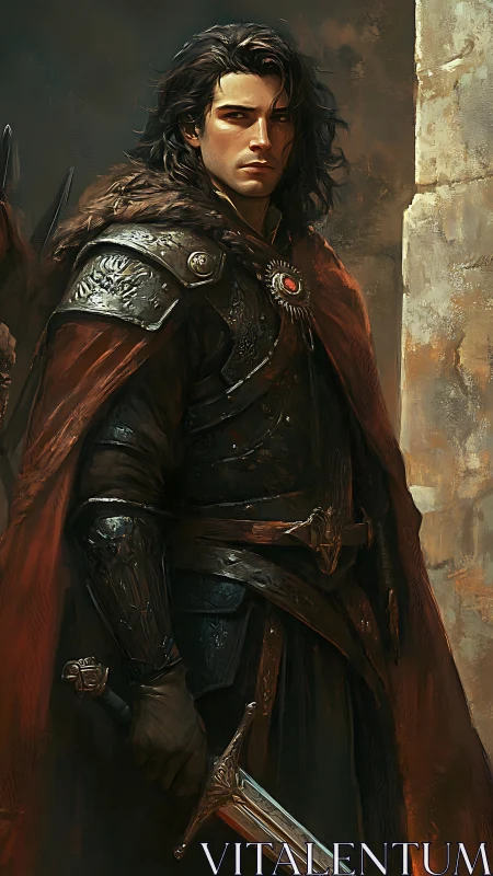 Long haired armored warrior stands holding a sword
