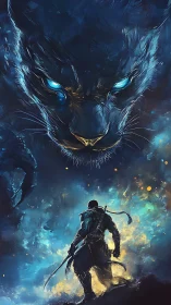 Midnight panther spirit crowns a lone sword-walking warrior.