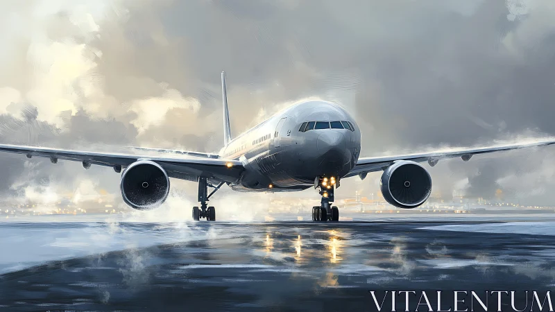 Widebody twinjet on wet runway in low-visibility dawn conditions