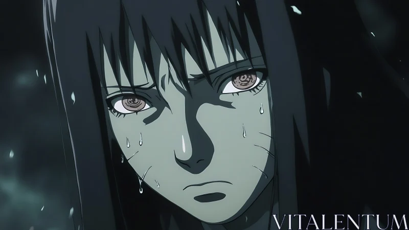 Rain-soaked warrior gaze under stormlit anime shadows.