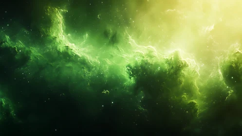 Digital painting nebula field with luminous green radiation plume.