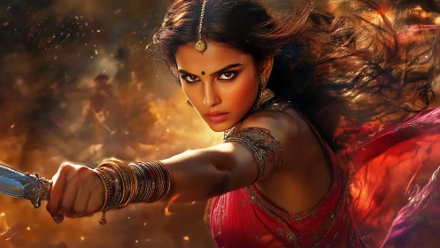 Warrior queen’s gaze slices through embers and rushing steel