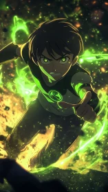 Dynamic anime boy channels radial green energy in mid-air attack