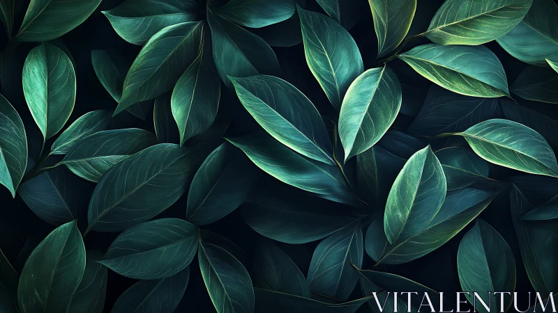 Layered teal foliage rendered with high contrast rim lighting