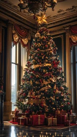 Grand Christmas tree glowing with gifts in an elegant hall.