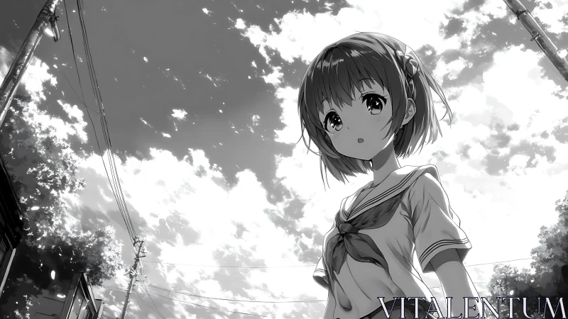 Monochrome anime schoolgirl under high-contrast summer sky
