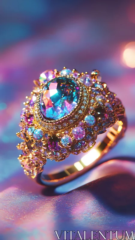 Gold ring with multicolored central gemstone is displayed