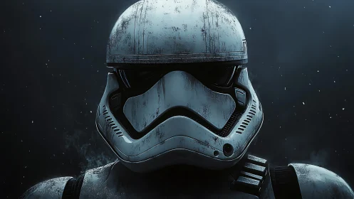 Armored sci fi soldier helmet glows against dark void