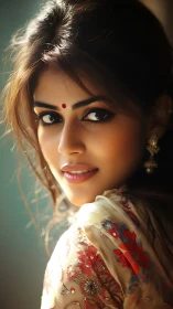 Soft backlit portrait of woman in embroidered dupatta, bindi