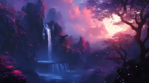 Mystic waterfall valley glows in ethereal purple dawn light.
