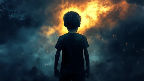 Backlit child silhouette before turbulent luminous smoke field.