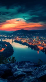 Vibrant riverfront cityscape under dramatic sunset sky.