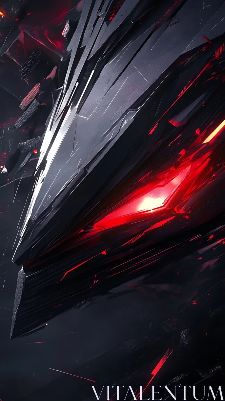 Angular metallic shard forms glowing red cybernetic core