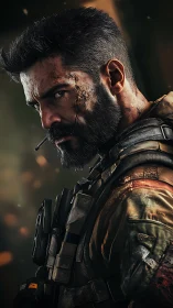 Battle hardened soldier framed in ember lit tension.