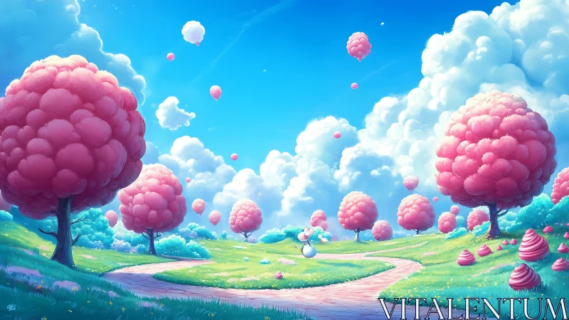Pastel candy forest under radiant cumulus sky panorama.