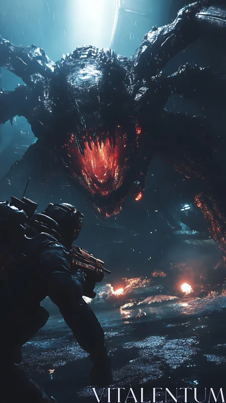 Armored soldier confronts molten maw alien in rain-soaked cavern.