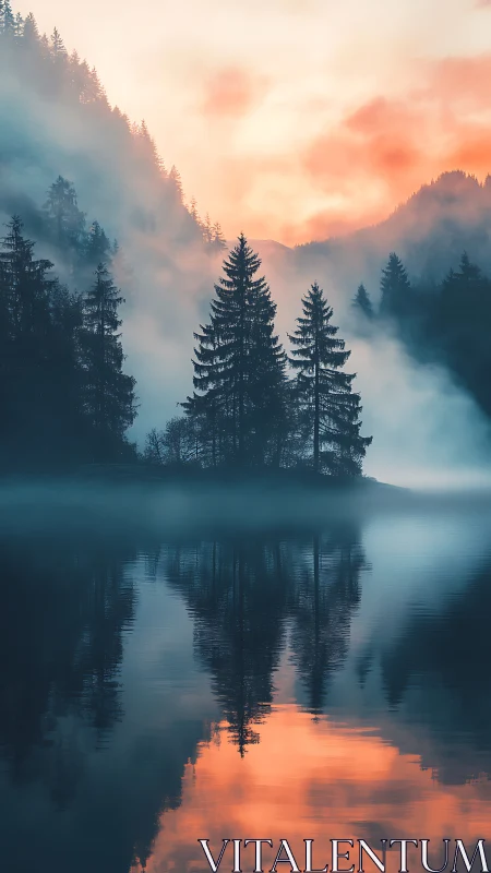Gentle sunrise over misty pine forest mirrored on water.