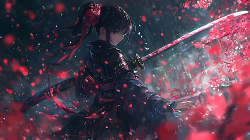 Samurai girl amid crimson petals and stormlit katana focus.