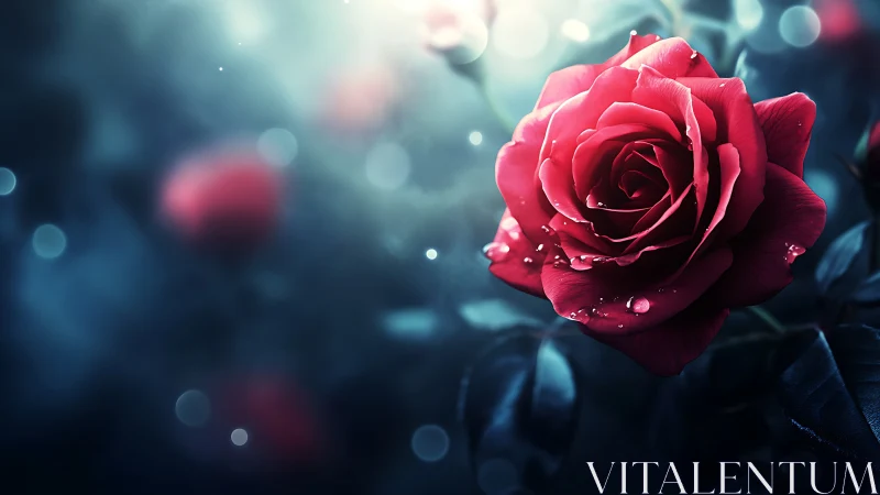 A Stunning Red Rose Blooms with Dewdrops in Soft Twilight