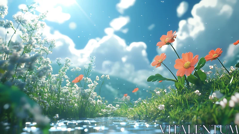 Orange wildflowers near reflective water under bright sky.