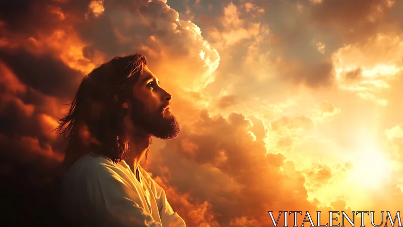 Bearded robed man gazes toward radiant golden sky