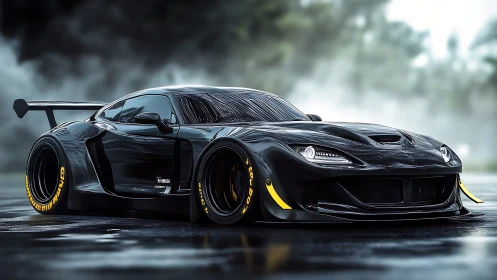 Widebody black race car on wet track in foggy light.