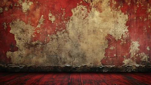 Weathered Red and Beige Textured Wall with Aged Wooden Floor.