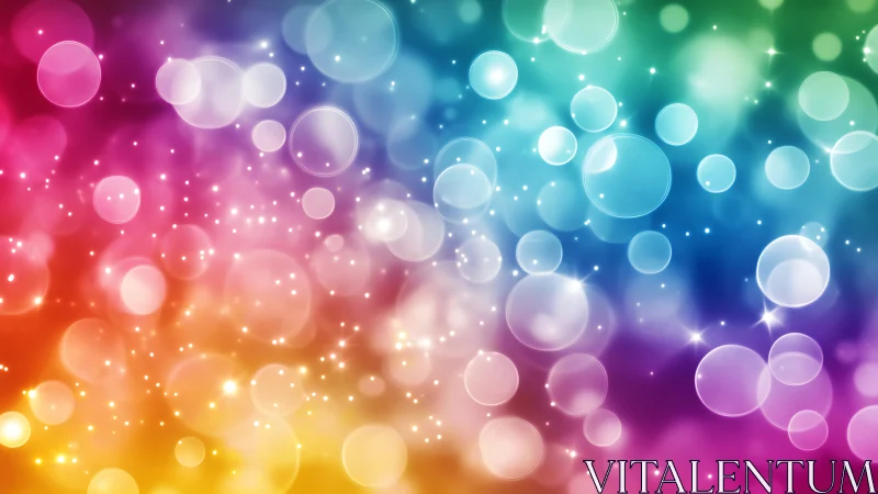 Soft bokeh light orbs drift across a radiant rainbow gradient