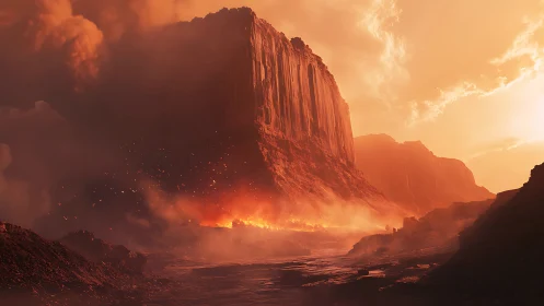 Fiery canyon cliffs glow warmly in a misty molten sunset