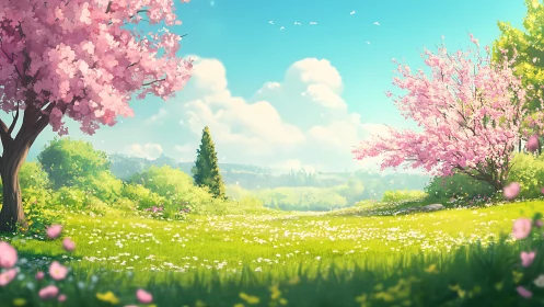 Digital pastoral spring meadow with blossoming cherry trees.