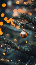 Golden bauble on fir tree branch with warm bokeh lights.