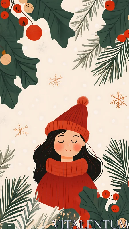 Winter holiday illustration with girl in red clothing.