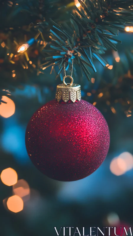 Glimmering crimson bauble humming softly on evergreen boughs.
