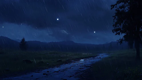 Night rain over quiet meadow stream under dark sky.