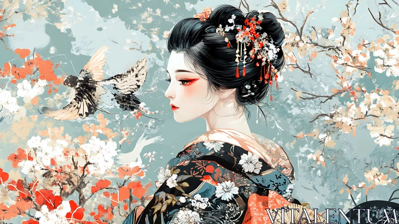 Profile of kimono clad woman with birds and blossoms.