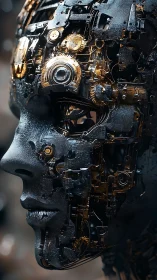 Clockwork cybernetic face lit by soft golden machinery glow.