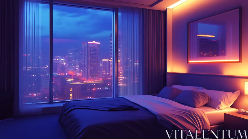 City hotel bedroom with neon dusk skyline view.
