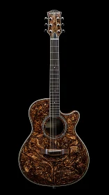 Custom acoustic guitar shows ornate marbled wood body