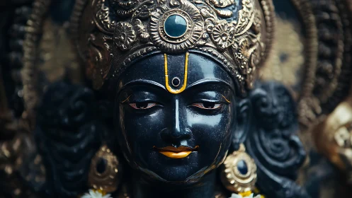 Close-up of ornate dark stone deity sculpture face detail.