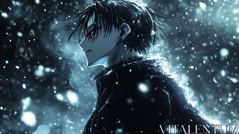 Midnight snowfall around a lone, fierce-hearted wanderer.