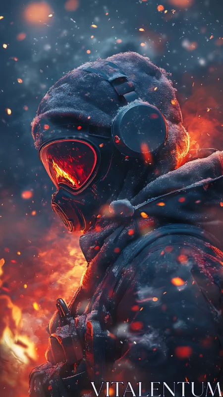 Snow-draped firewalker stares through a furnace-red visor